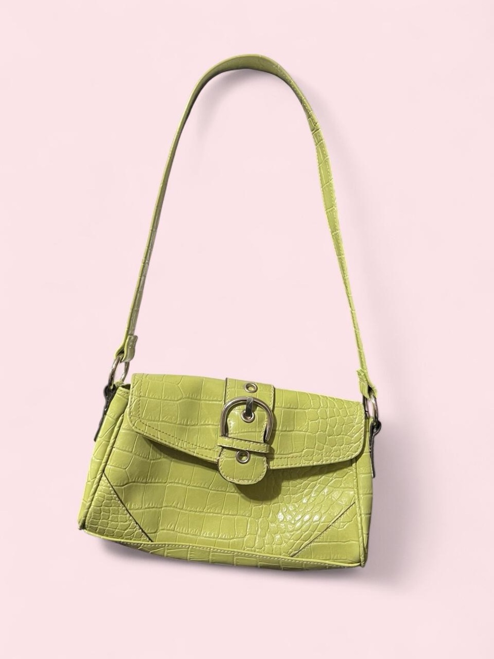 Lime Green Croc-Embossed Shoulder Bag